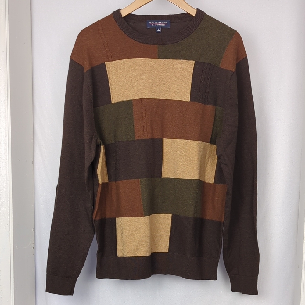 ROUNDTREE & YORKE Men's Large Brown Colorblock Crewneck Sweater